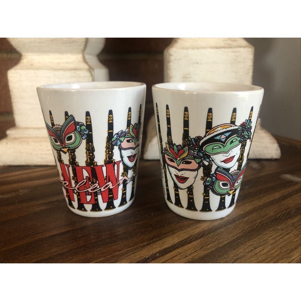 Vintage Shot Glasses New Orleans Jazz Music MARDI GRAS MASK White Ceramic VIVID